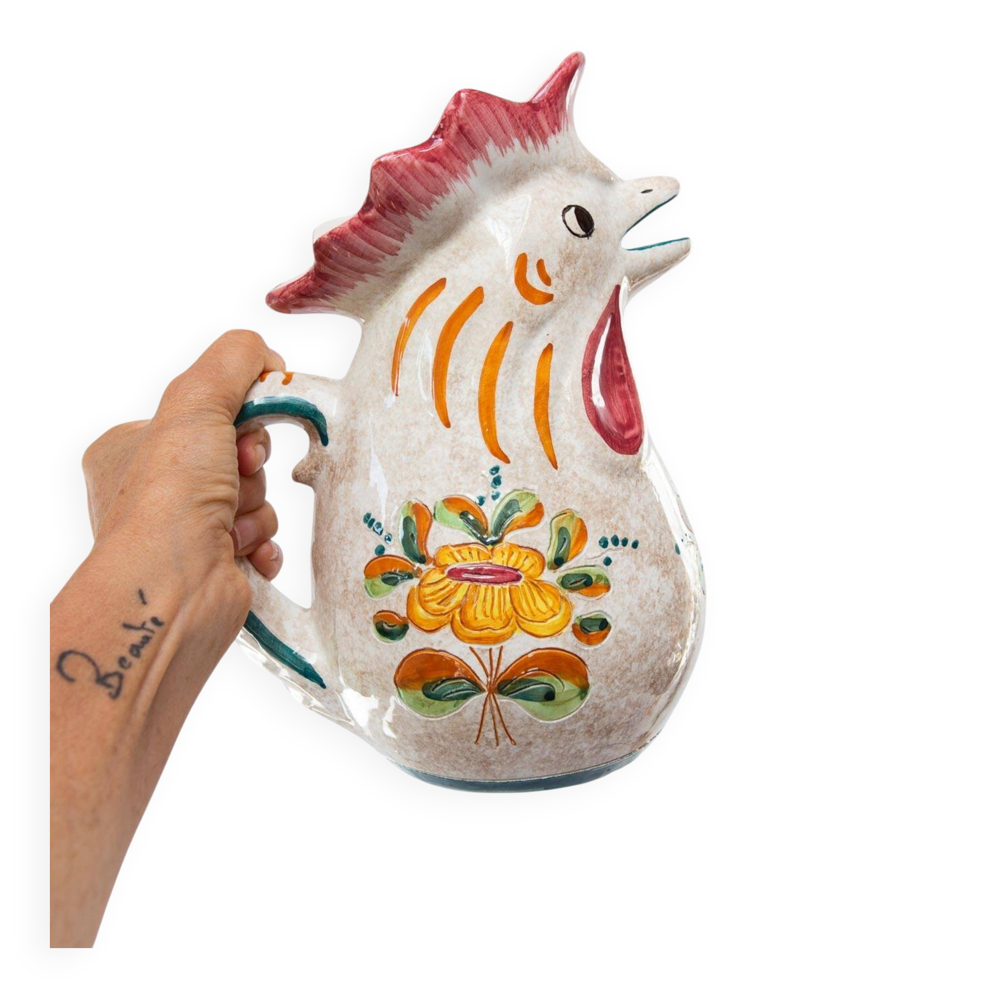 Italian earthenware jug in the shape of a rooster, Deruta, circa 1960 (26 cm)
