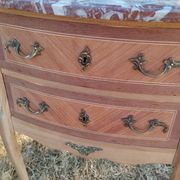 Antique commode with marquetry in the Louis XVI style and marble top.