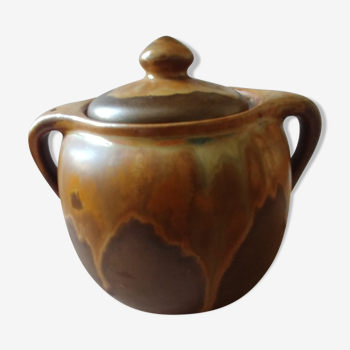 Old sugar pot with its glazed stoneware lid signed Denbac, La Borne