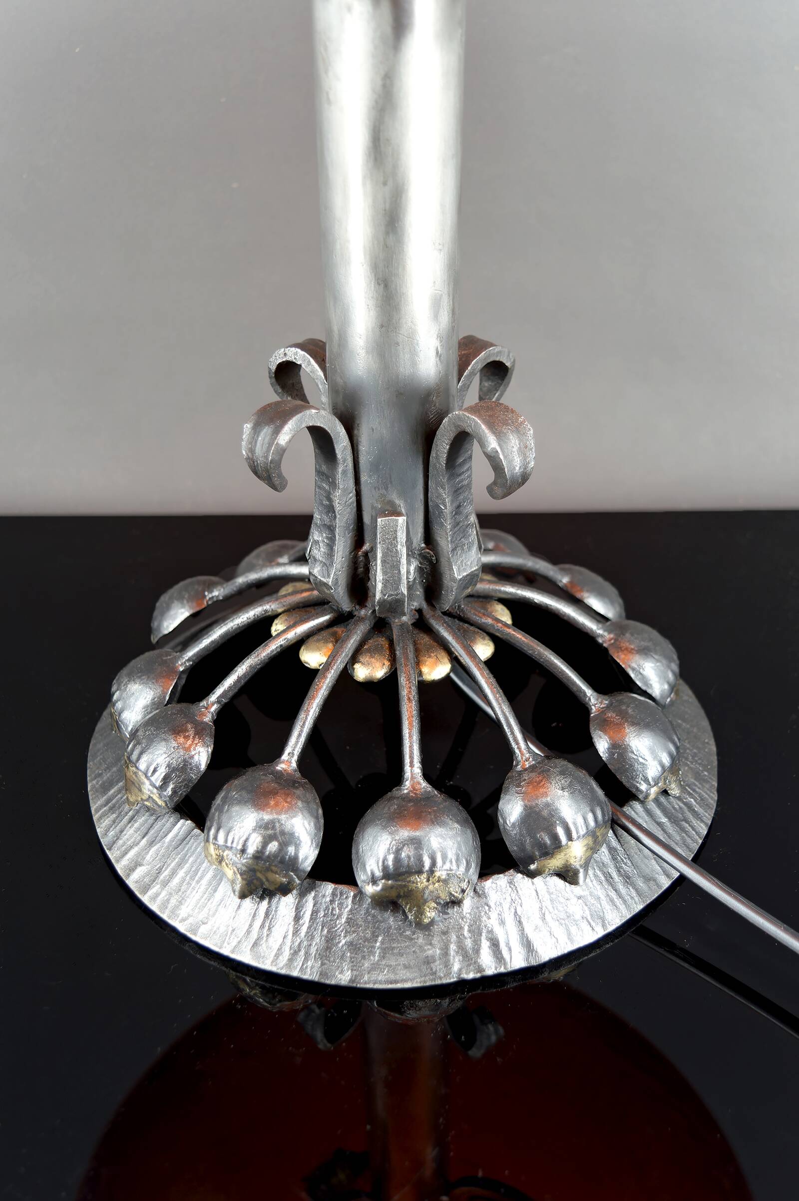 Important Stylized Wrought Iron Lamp with Glass Dome, c. 1930