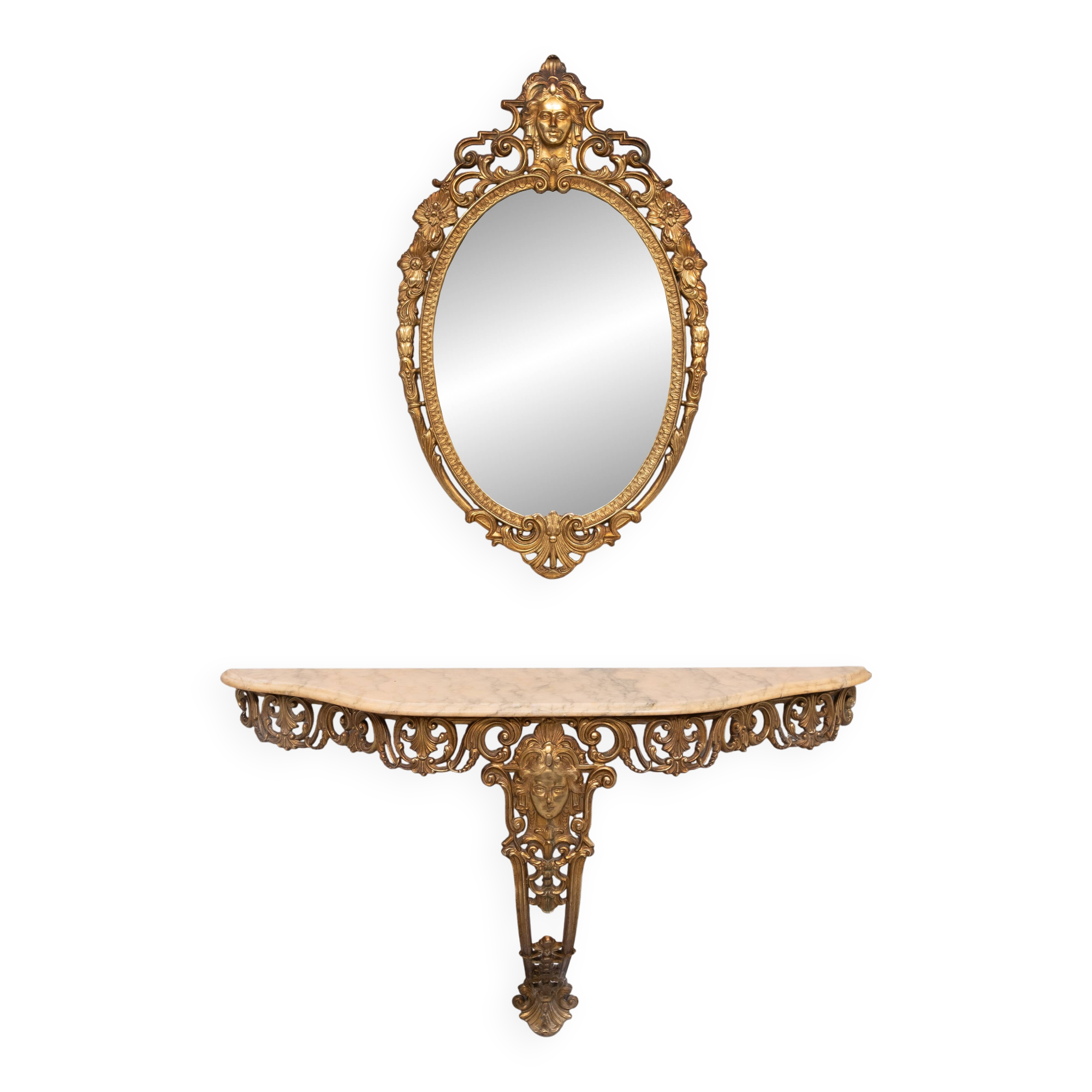 Classic gilded brass console with oval mirror from the 1950s, Italy.