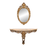 Classic gilded Brass console with oval mirror 1950s Italy