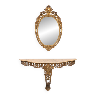 Classic gilded Brass console with oval mirror 1950s Italy