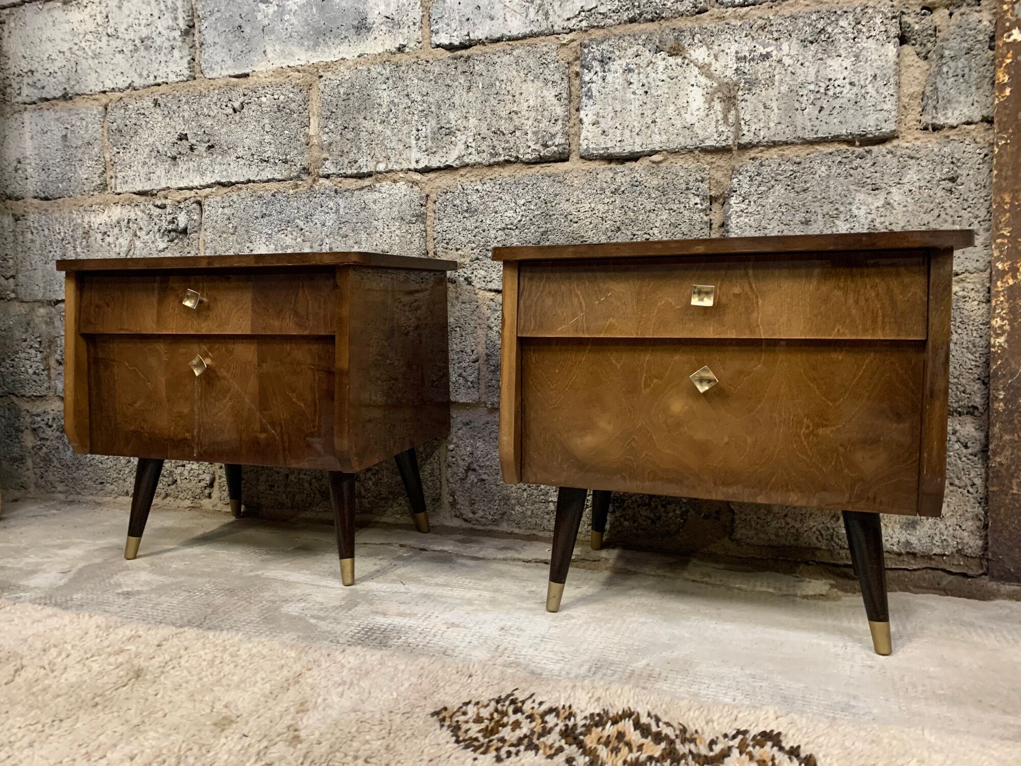 Pair of night tables feet compass bedside end of vintage sofa old 1950 1960 retro