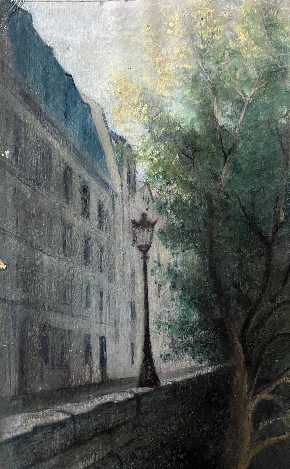 Tableau HSP "Bridge of Paris the Lovers" Notre Dame signed around 1950