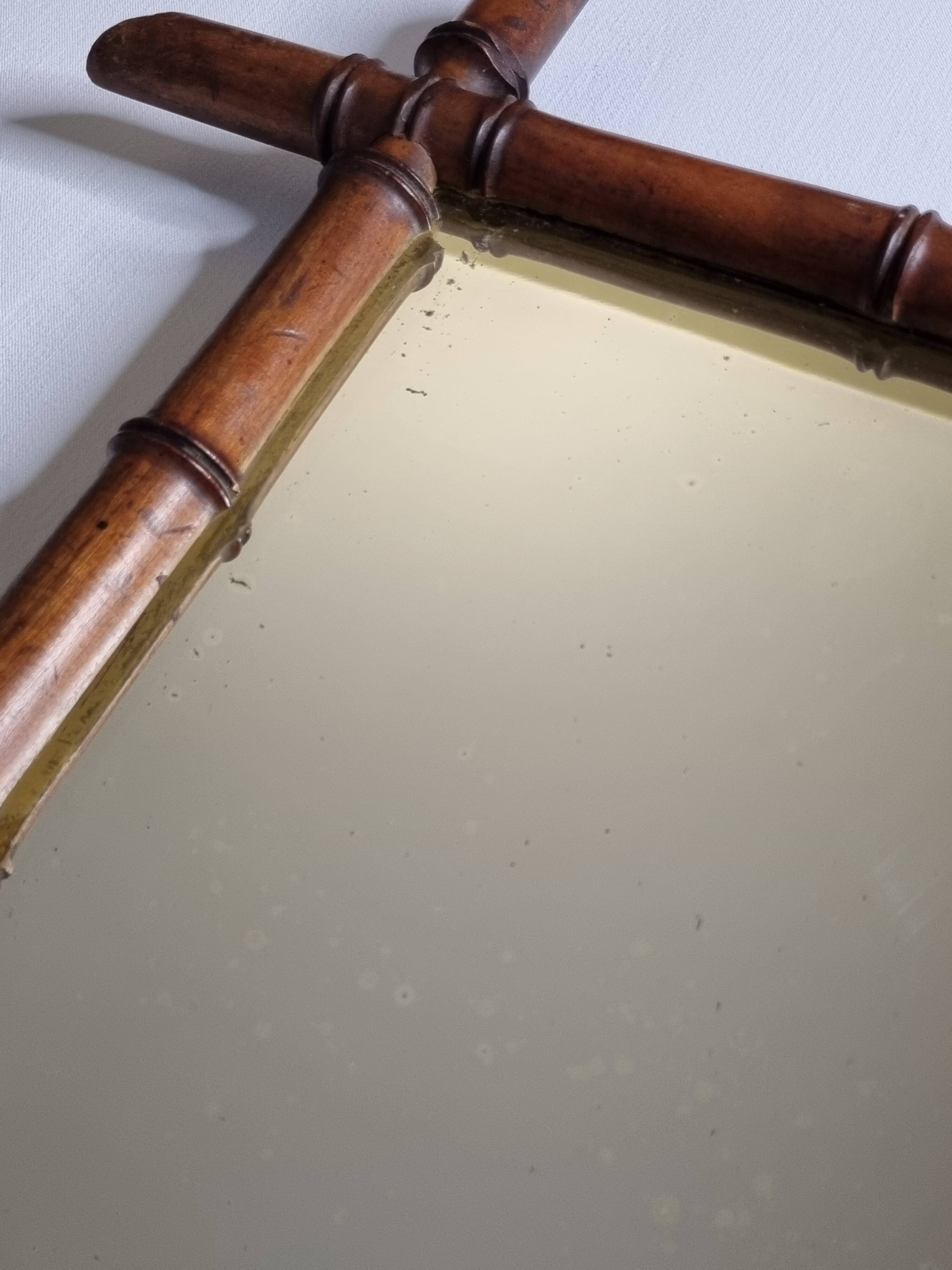 Turned wooden mirror in imitation of bamboo, mid-century, 50 cm x 60 cm