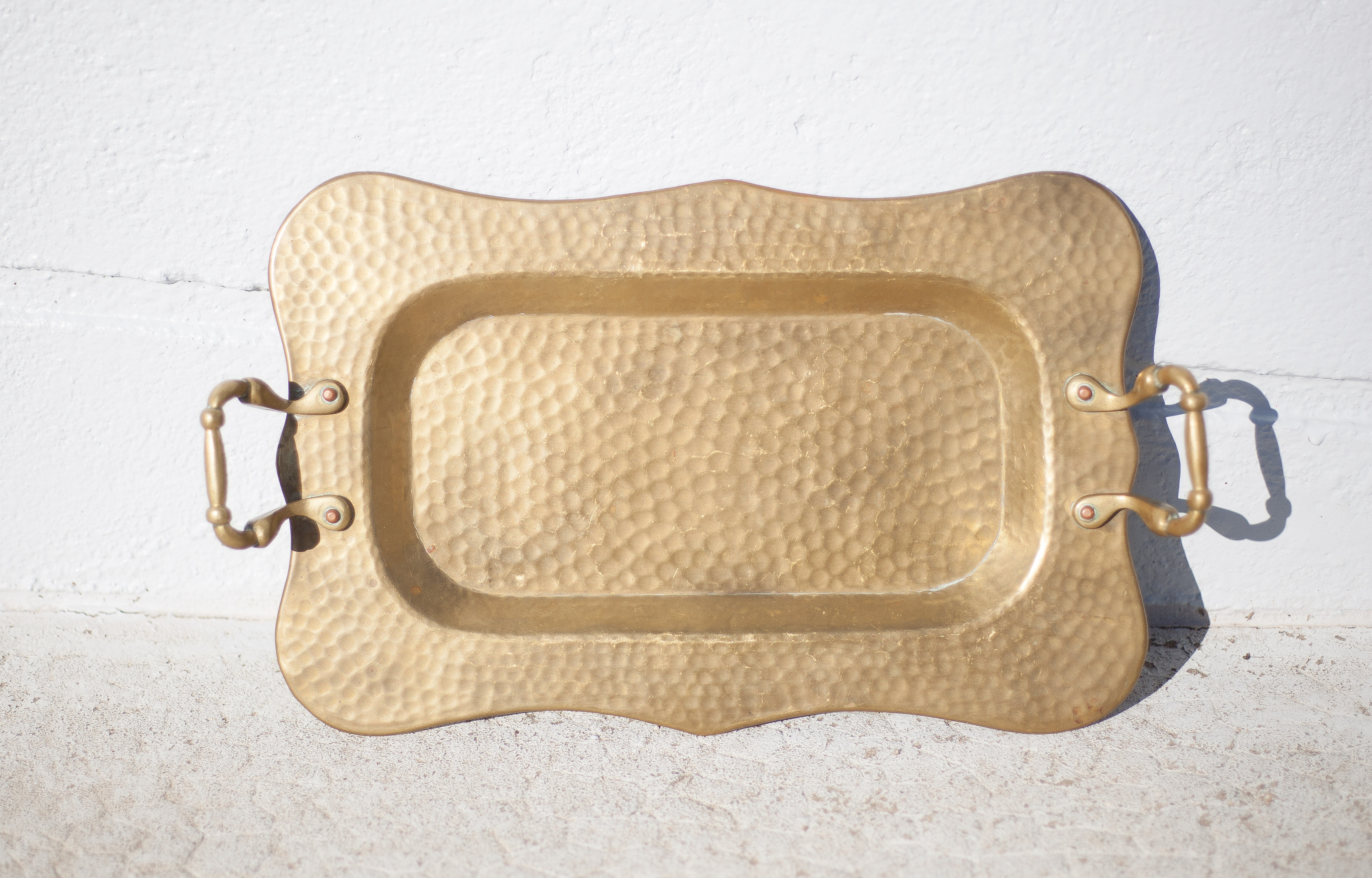 Vintage brass top, E.Roblin Villedieu Manche, handle tray, tableware, hammered top