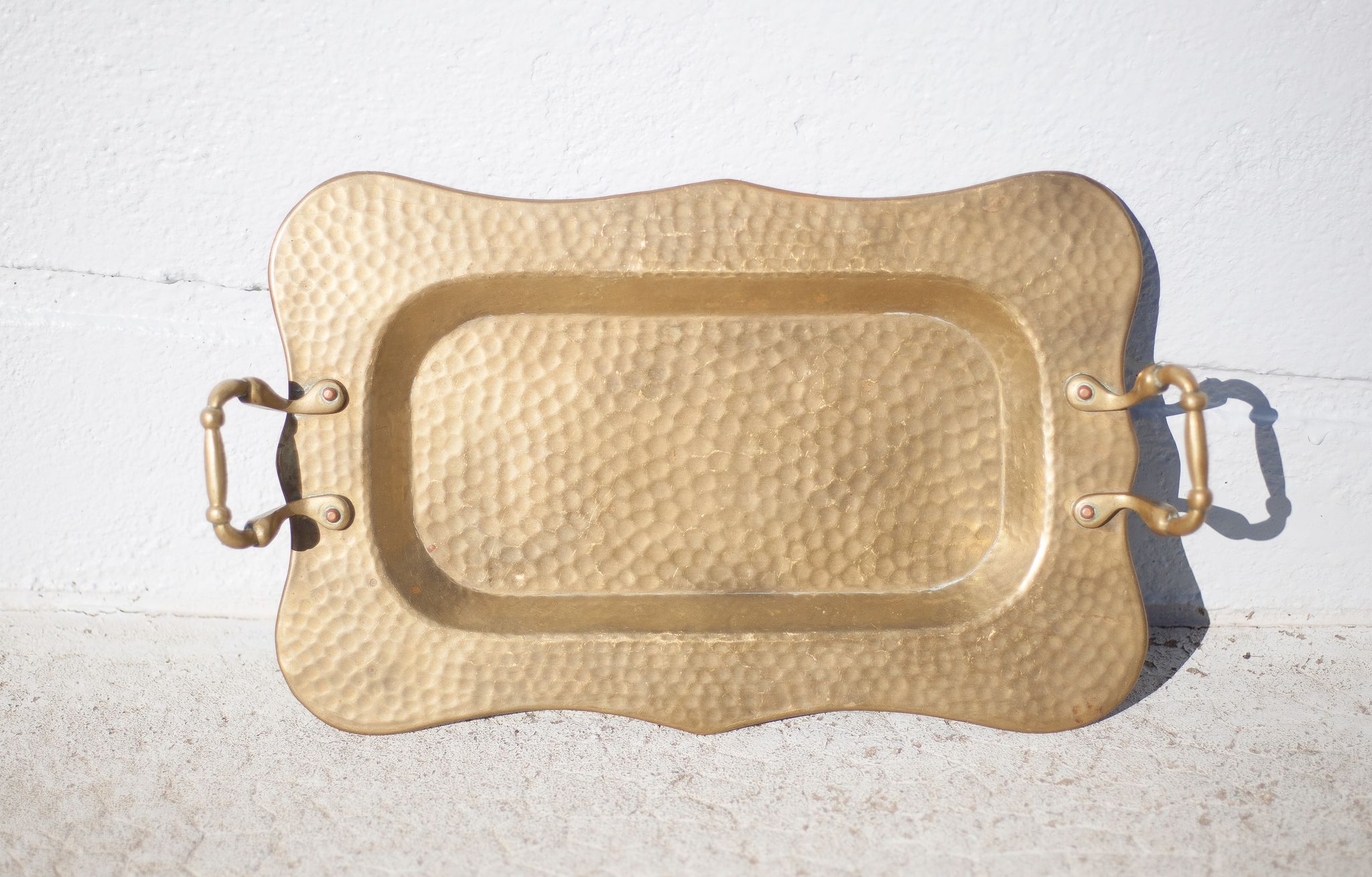Vintage brass top, E.Roblin Villedieu Manche, handle tray, tableware, hammered top