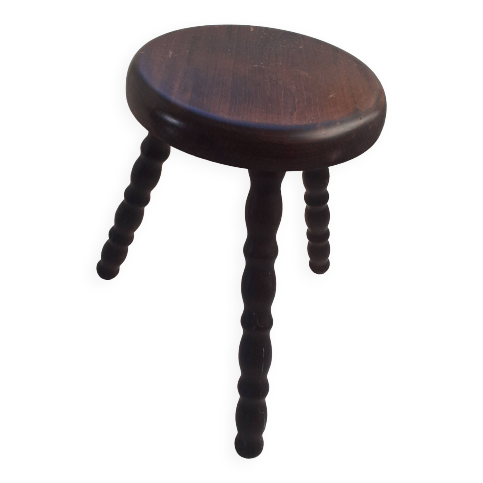 Tripod stool in dark wood. legs turned