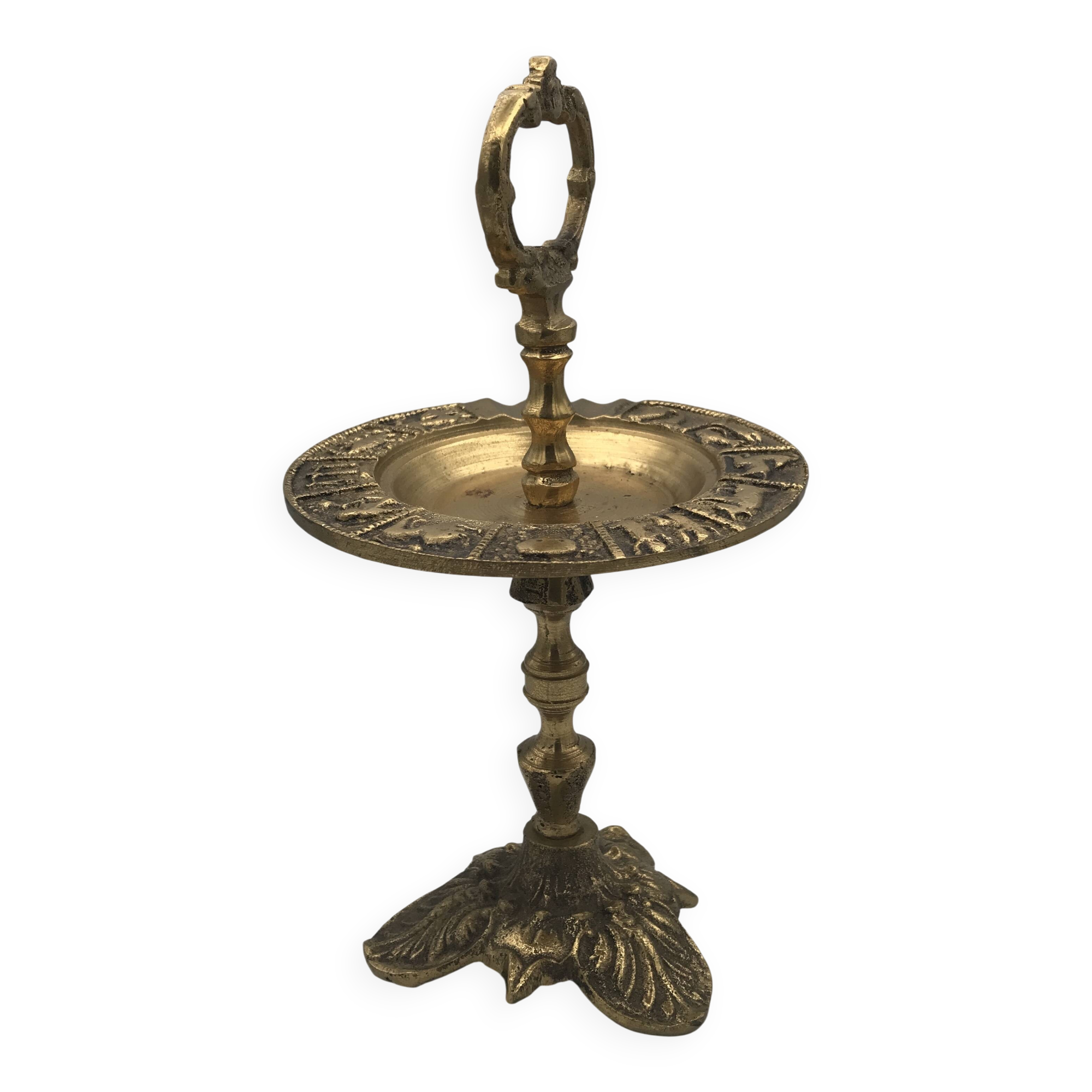 Cendrier sur pied en laiton massif vintage décor signes du zodiaque