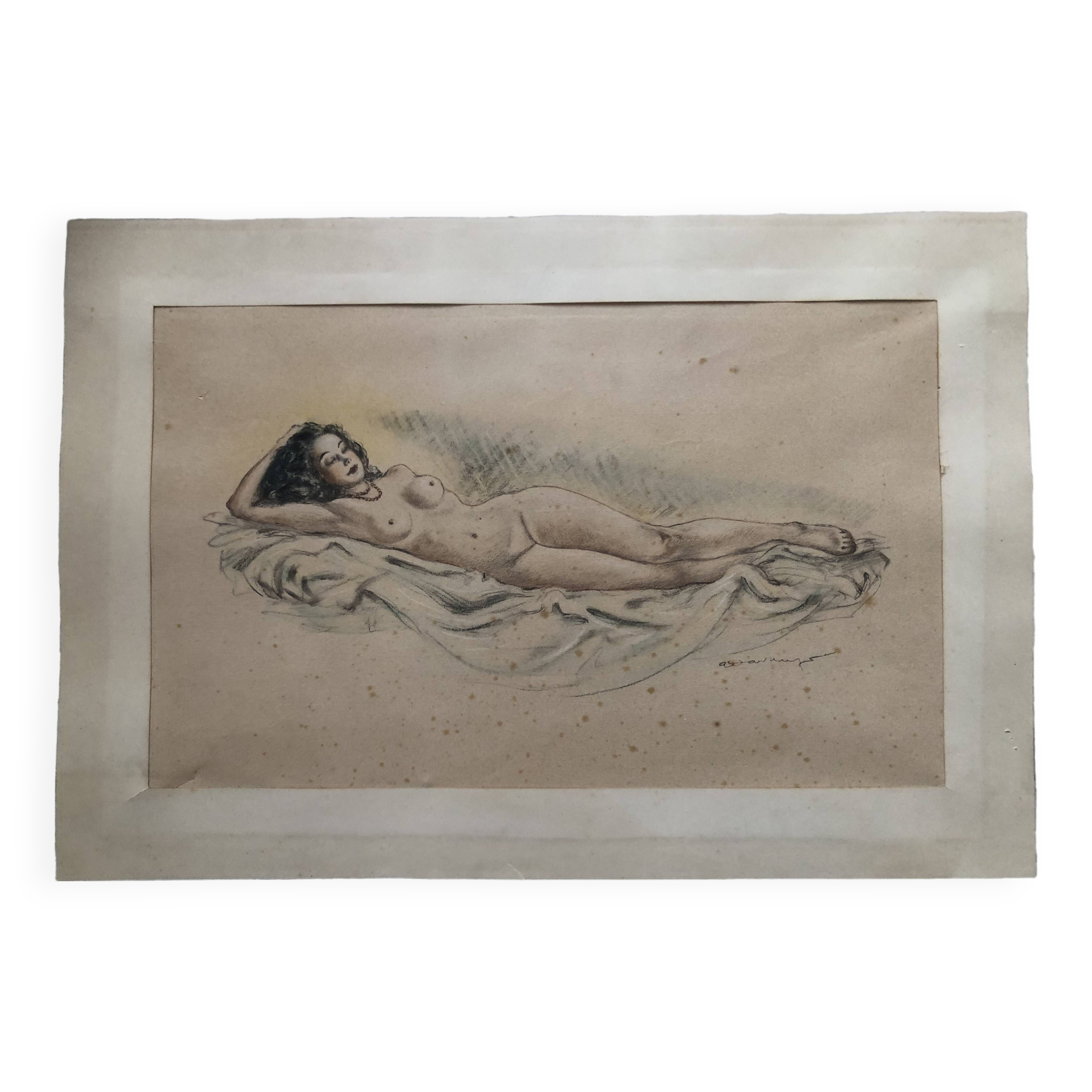 Pencil and pastel drawing xix paper: naked woman lying on a sheet, signed adam (hugo?), fine arts