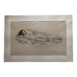 Pencil and pastel drawing xix paper: naked woman lying on a sheet, signed adam (hugo?), fine arts