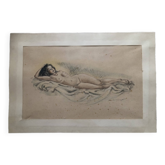 Dessin crayon et pastel xix papier : femme nue allongée sur un drap, signé adam (hugo ?), beaux arts
