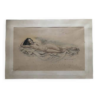 Pencil and pastel drawing xix paper: naked woman lying on a sheet, signed adam (hugo?), fine arts