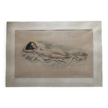 Dessin crayon et pastel xix papier : femme nue allongée sur un drap, signé adam (hugo ?), beaux arts