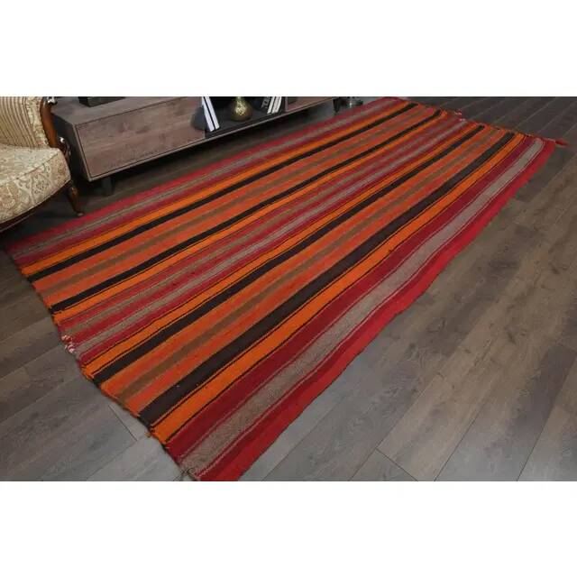 Orange Red Vintage Handmade Wool Cotton Kilim Runner Rug 172x372