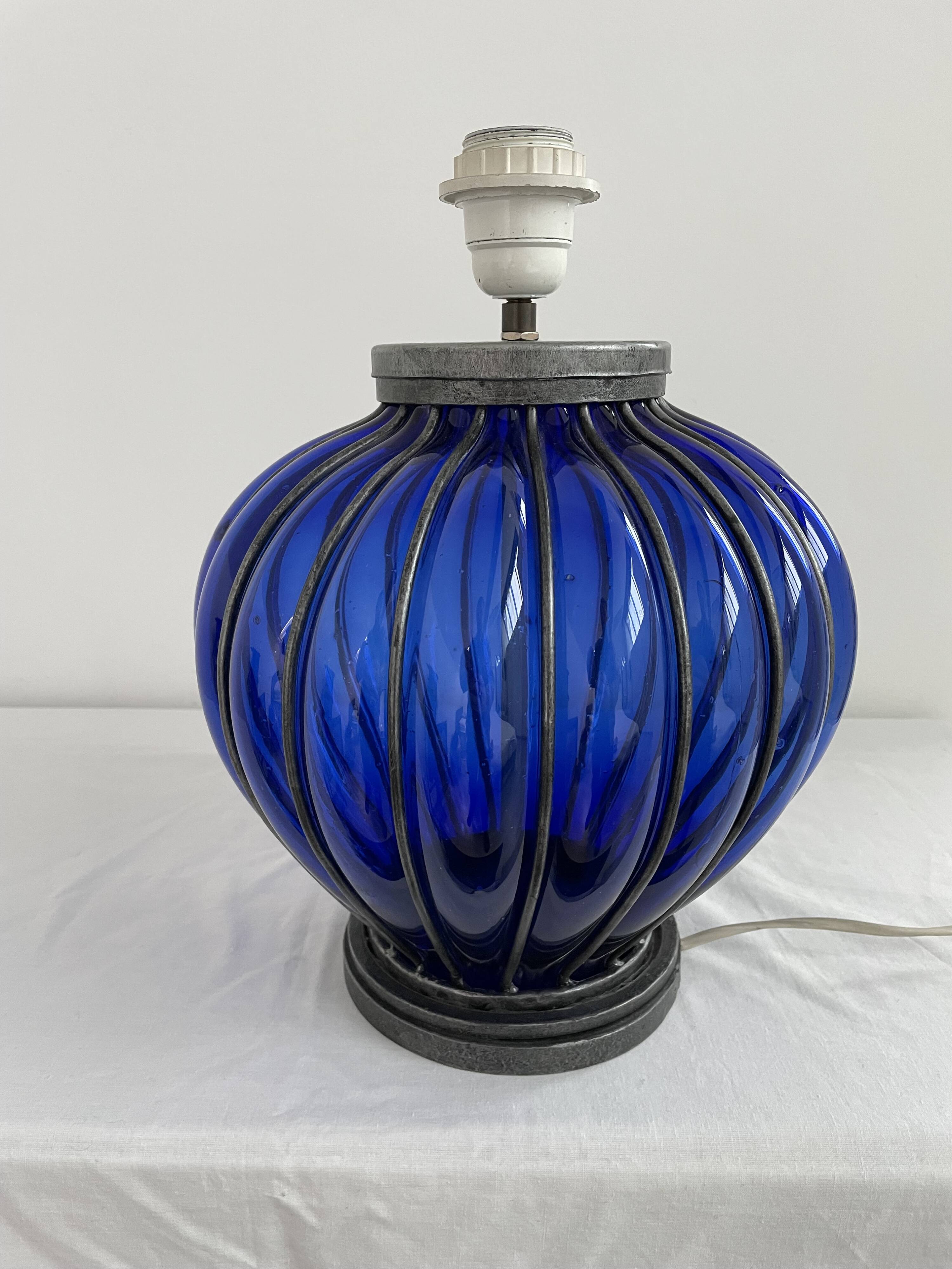 Vintage, blown glass lamp base, cobalt blue, silver metal frame, designer lamp, chic