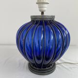 Vintage, blown glass lamp base, cobalt blue, silver metal frame, designer lamp, chic