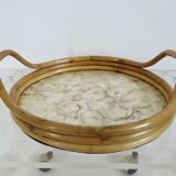 Plateau rond en bambou et nacre Capiz des Philippines, made in Italy, 1970