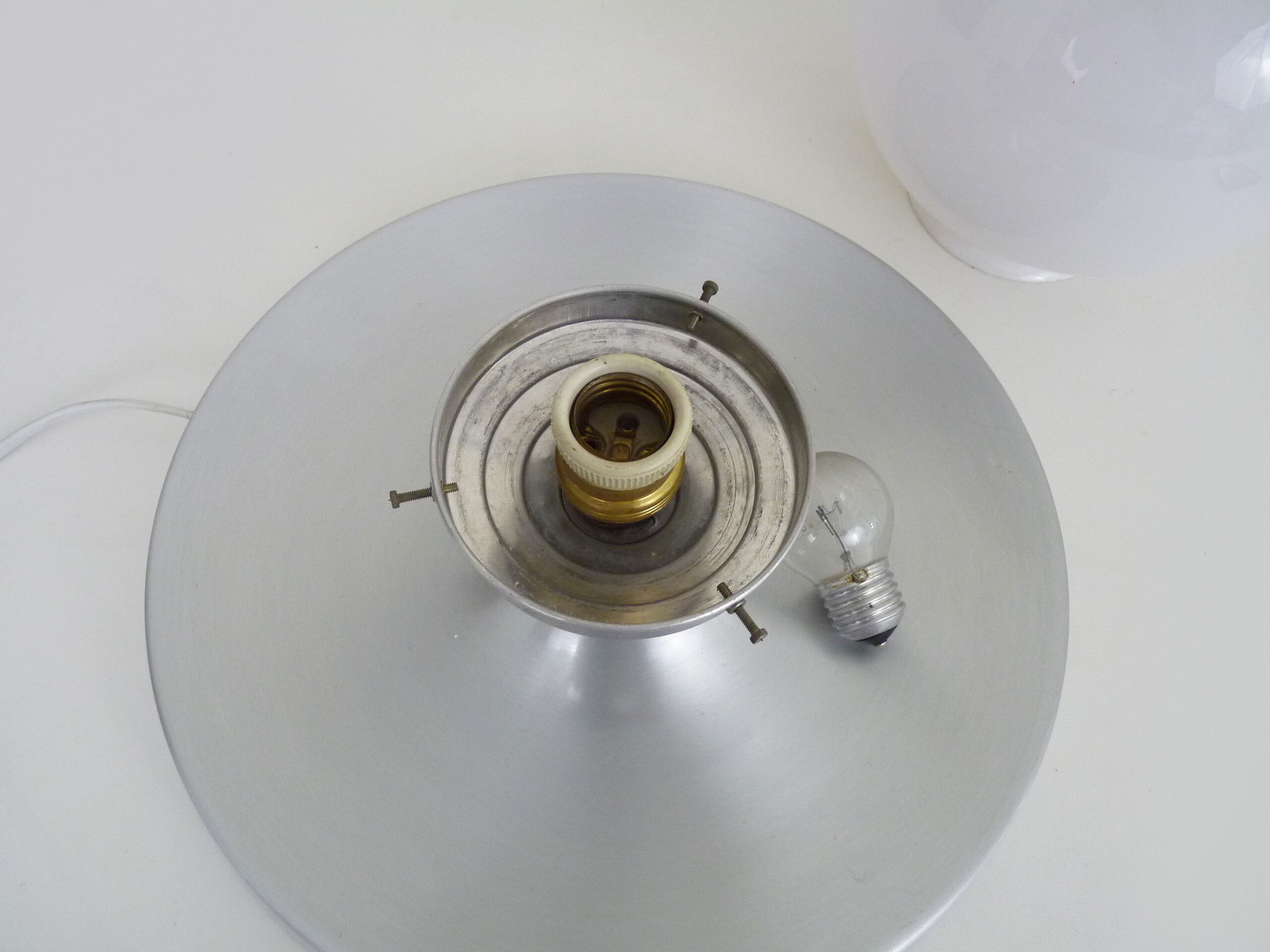 Brushed metal bedside lamp and white opaline globe, year 70