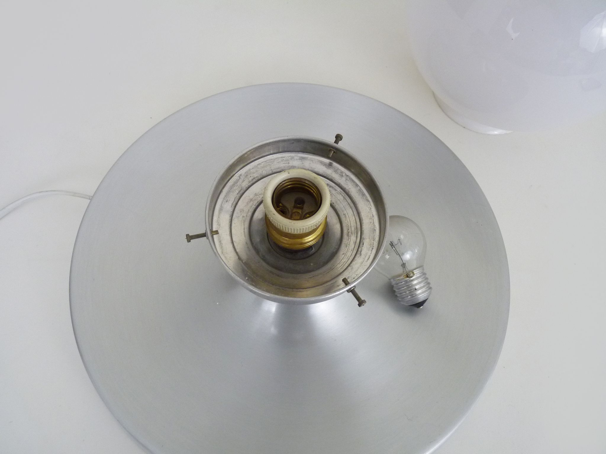 Brushed metal bedside lamp and white opaline globe, year 70