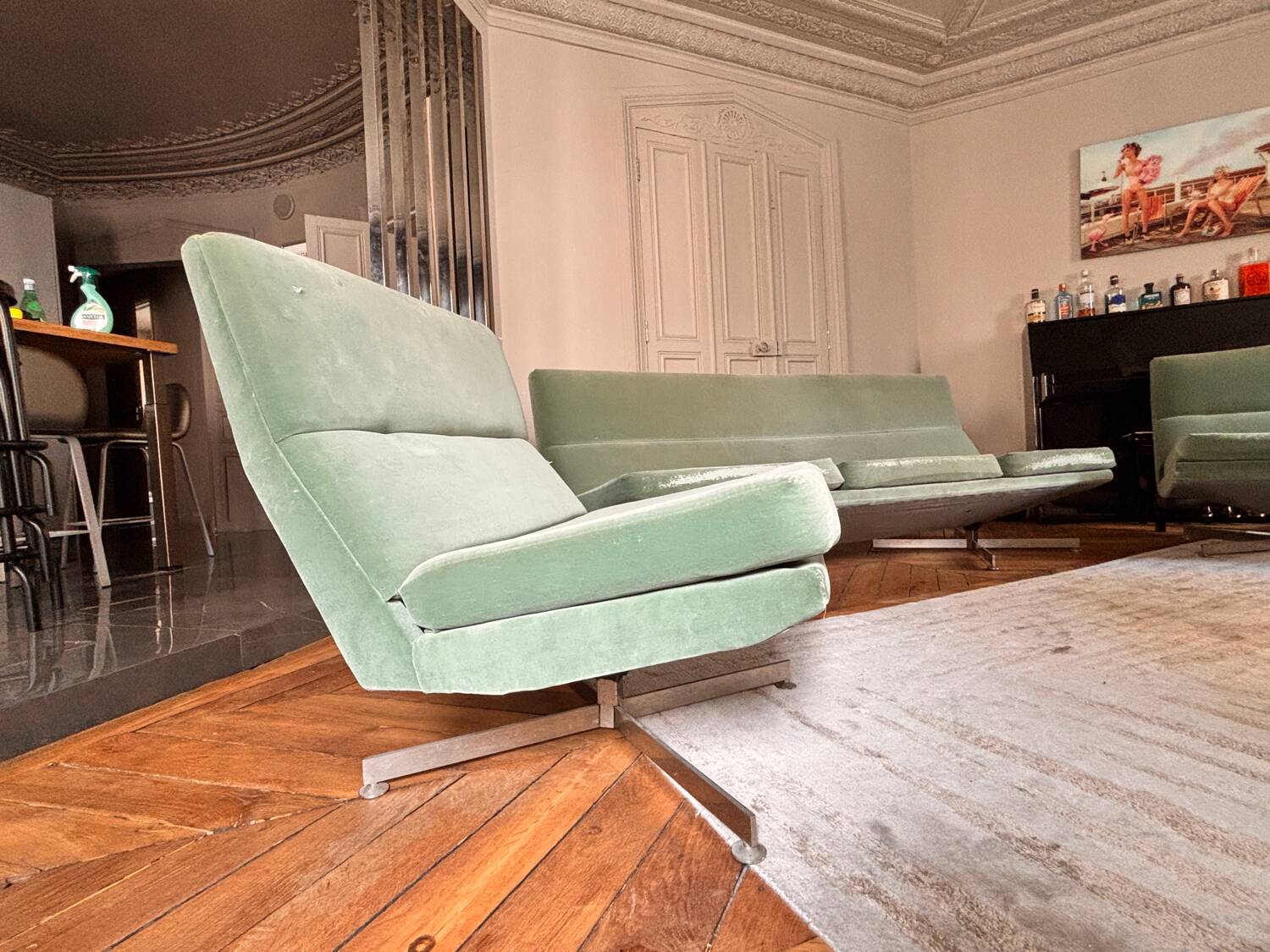 Vintage 1970s Living Room Set – Velvet Sofa & Swivel Armchairs