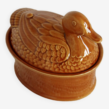 Large vintage ocher ceramic duck terrine