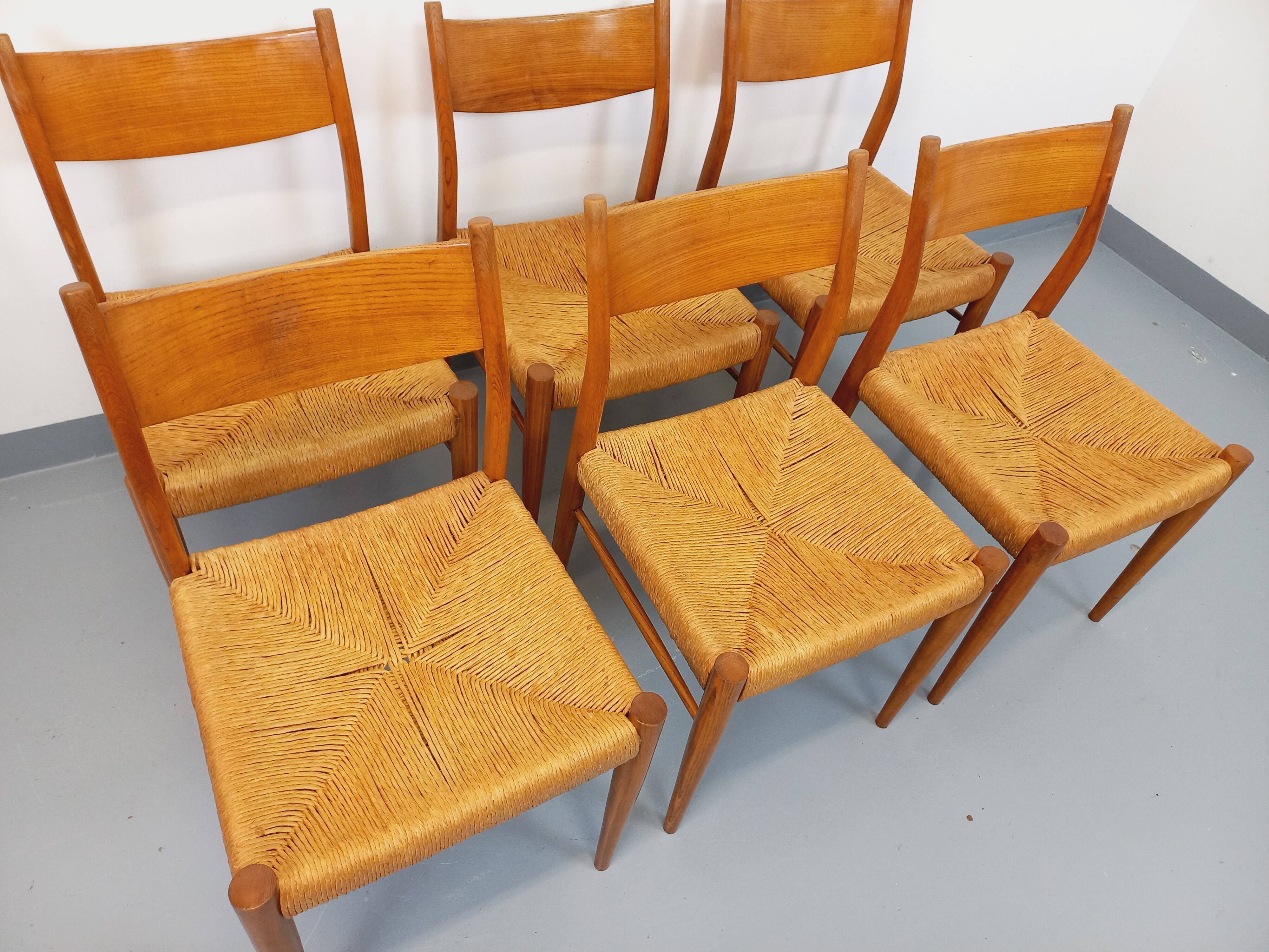 Set of 6 vintage teak Danish rope chairs Gessef Consorzio Sedie Friuli