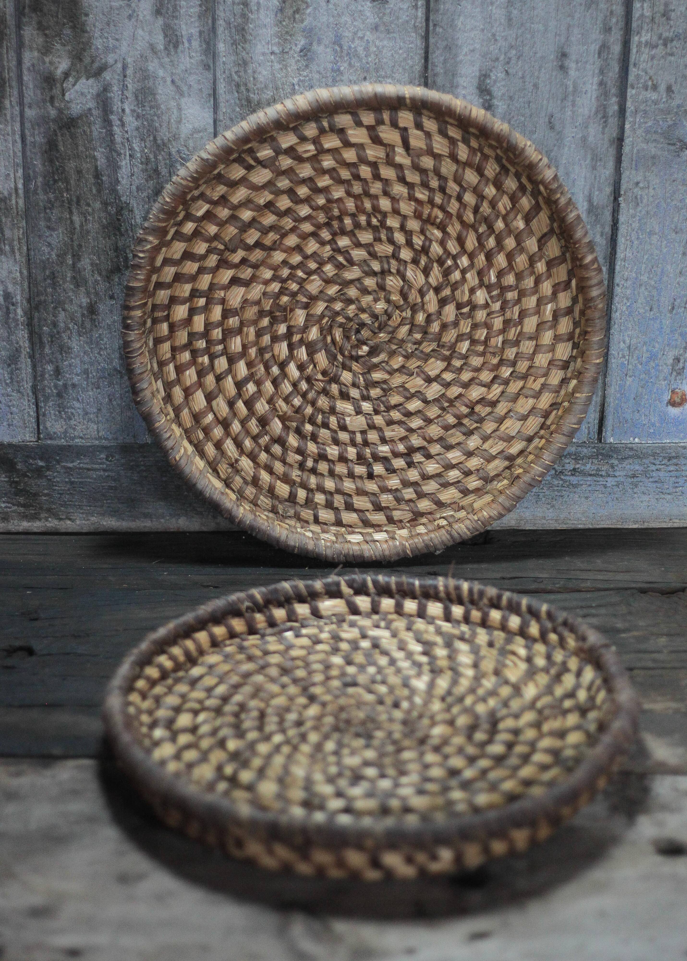 pair of old wicker trays, straw bourgne and bramble, woven bowl