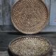 pair of old wicker trays, straw bourgne and bramble, woven bowl