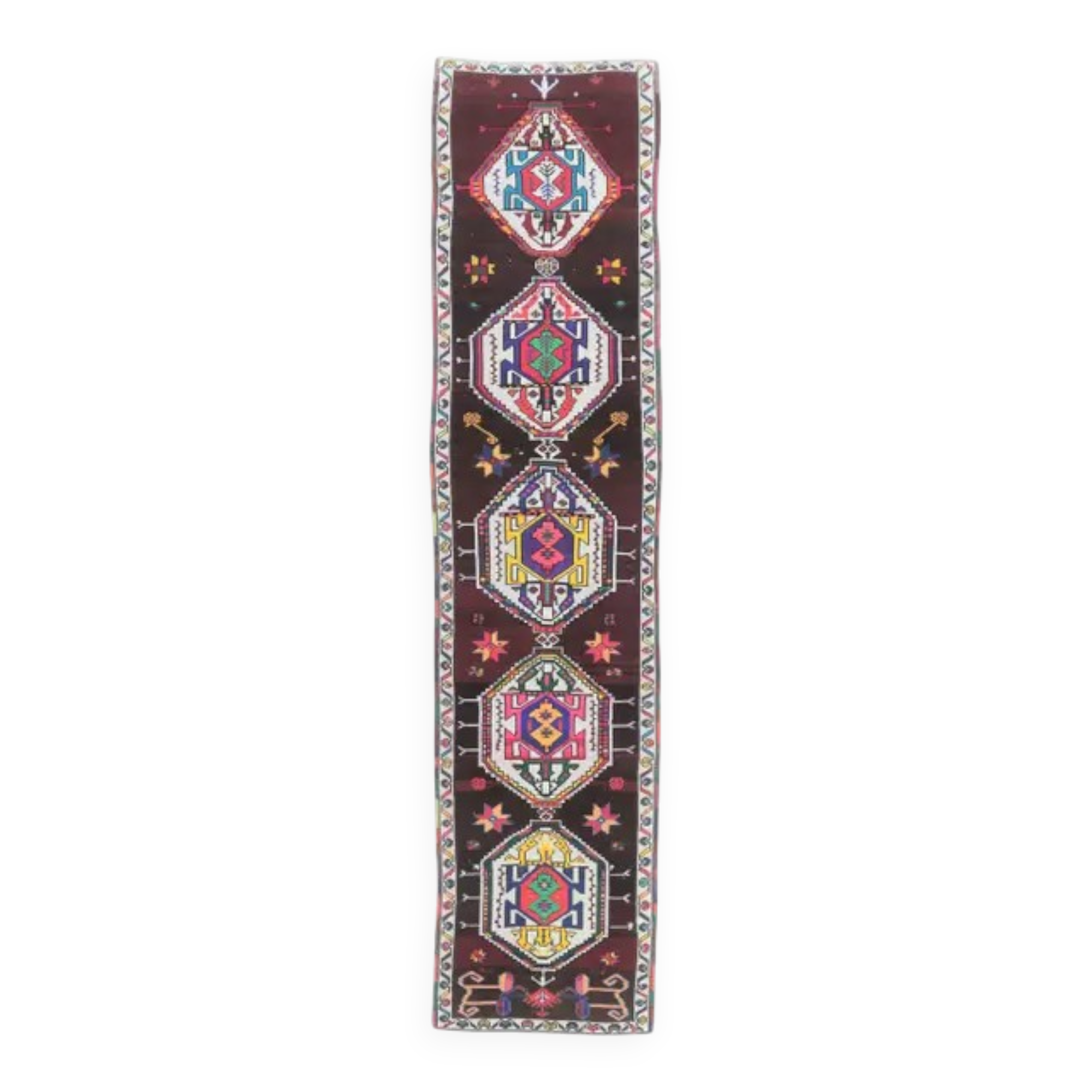 Vintage Pink Geometric Turkish Hand-Knotted Runner 83x375