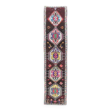 Tapis turque vintage rose géométrique nouée à la main 83x375