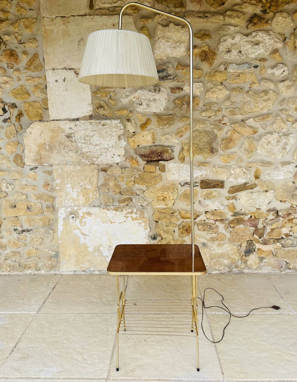 Vintage articulated floor lamp with shelf and magazine holder 1960s