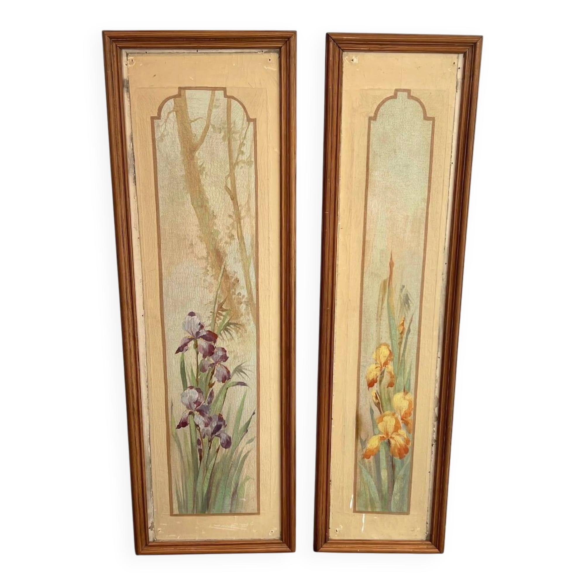 Pair of Art Nouveau Decorative Panels with Purple and Yellow Irises. Work