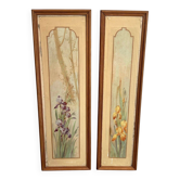 Paire de Panneaux Décoratifs Art Nouveau aux Iris Violets et Jaunes. Travai