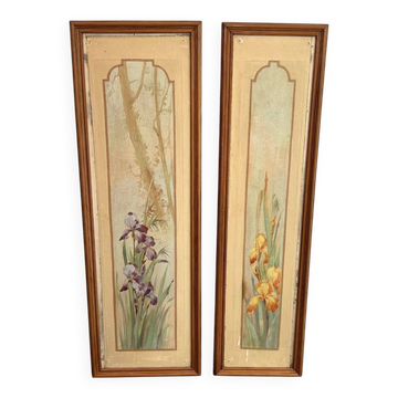 Pair of Art Nouveau Decorative Panels with Purple and Yellow Irises. Work