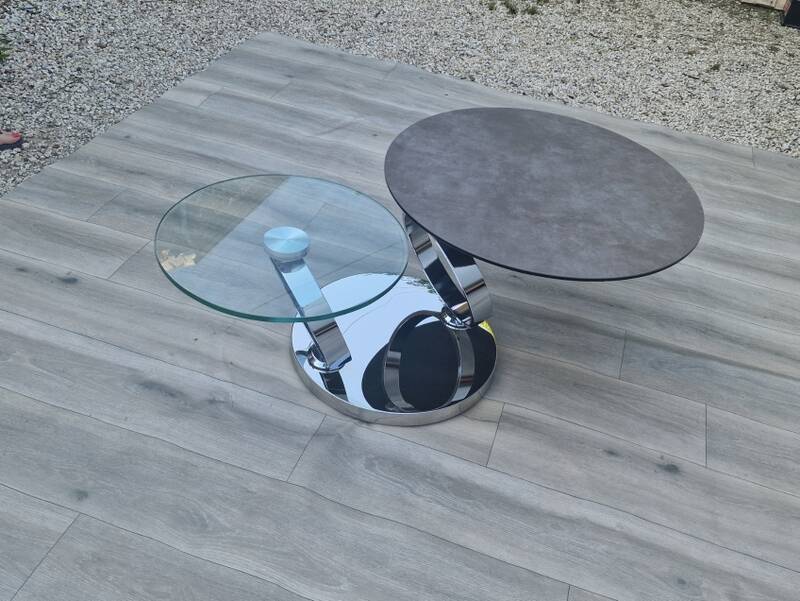 Olympe table with swivel tops in glass and gray ceramic