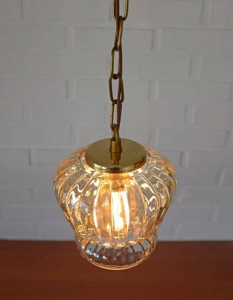 Vintage old gold pendant light, amber glass, 1960s chain lamp