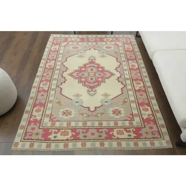 1970s Vintage Turkish Oushak Handmade Wool Cotton Cream Area Rug 150x205