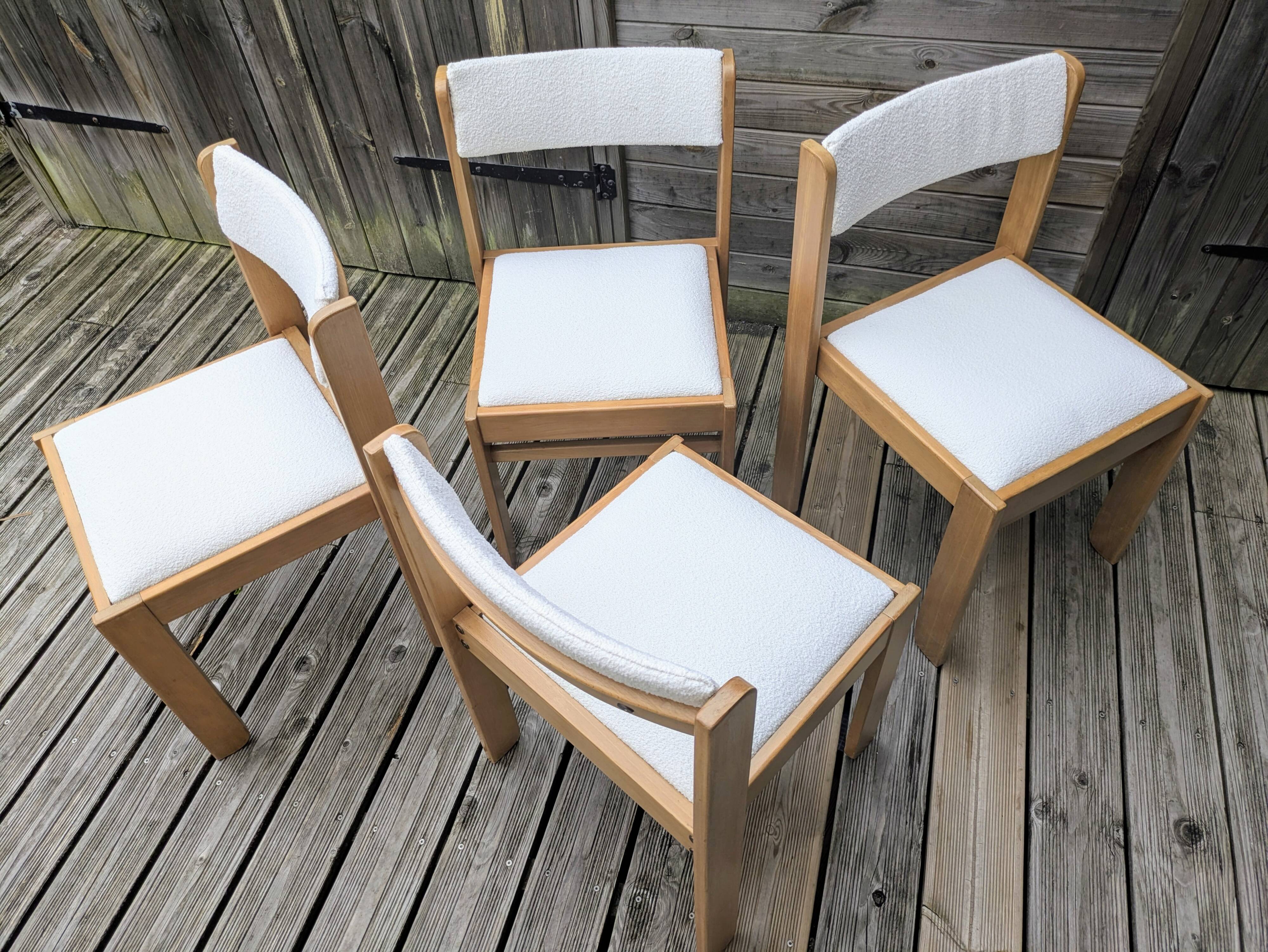 Set of 4 restored vintage chairs / White bouclette