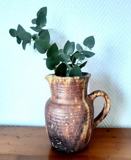 Vintage pitcher in flamed stoneware signed Guy