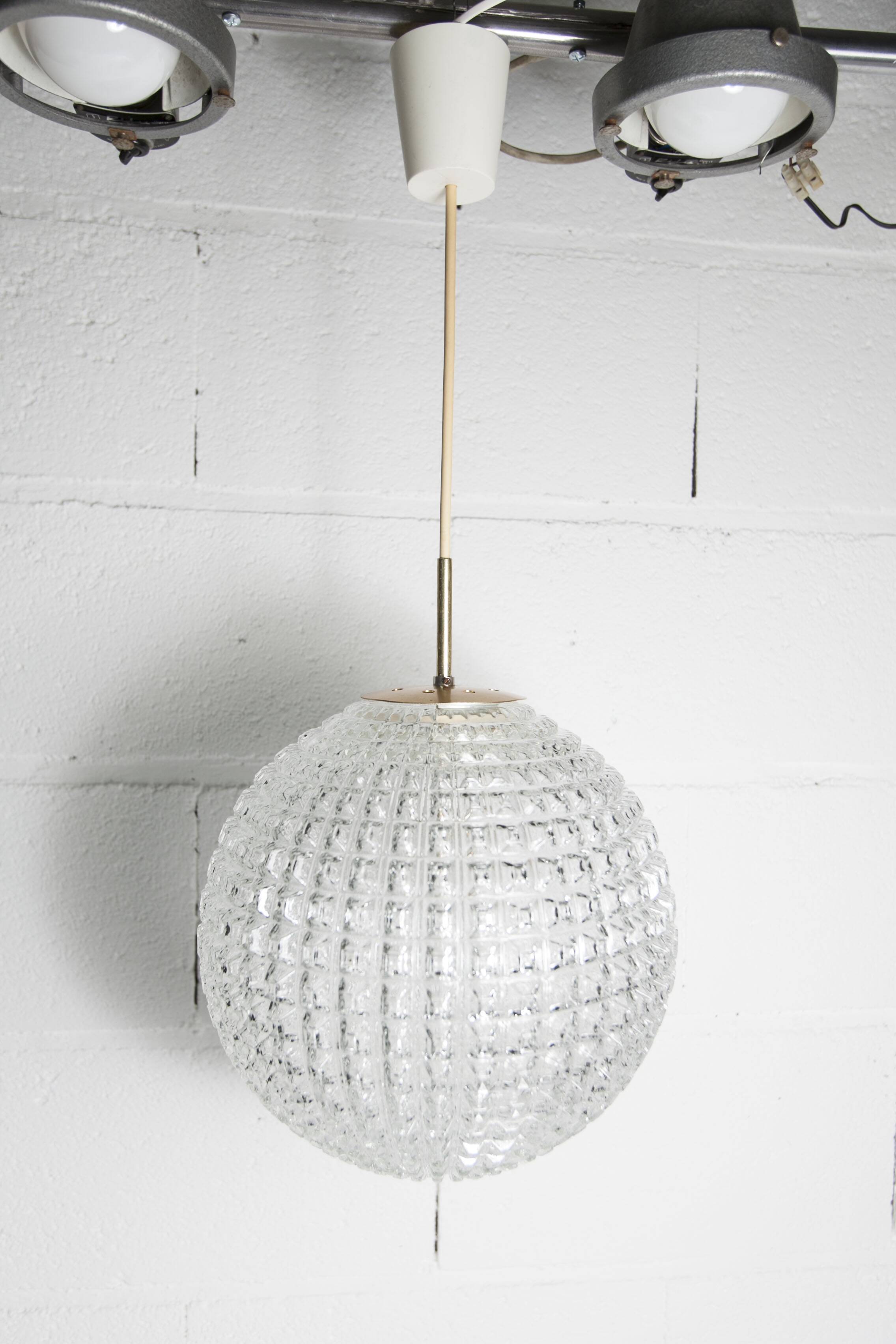 1960s Holophane Ball Pendant Chandelier, Thick Glass, 30 cm, and Vintage Brass