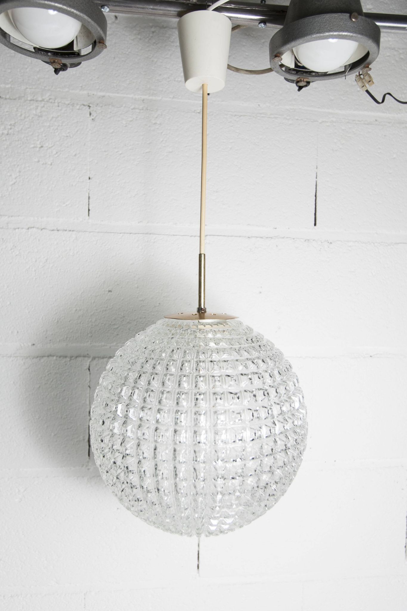 1960s Holophane Ball Pendant Chandelier, Thick Glass, 30 cm, and Vintage Brass