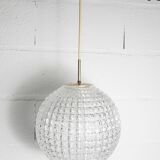 1960s Holophane Ball Pendant Chandelier, Thick Glass, 30 cm, and Vintage Brass