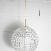 1960s Holophane Ball Pendant Chandelier, Thick Glass, 30 cm, and Vintage Brass