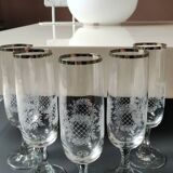 Set of 5 Champagne Flutes. Crystal glass. Empire style. Floral motifs.