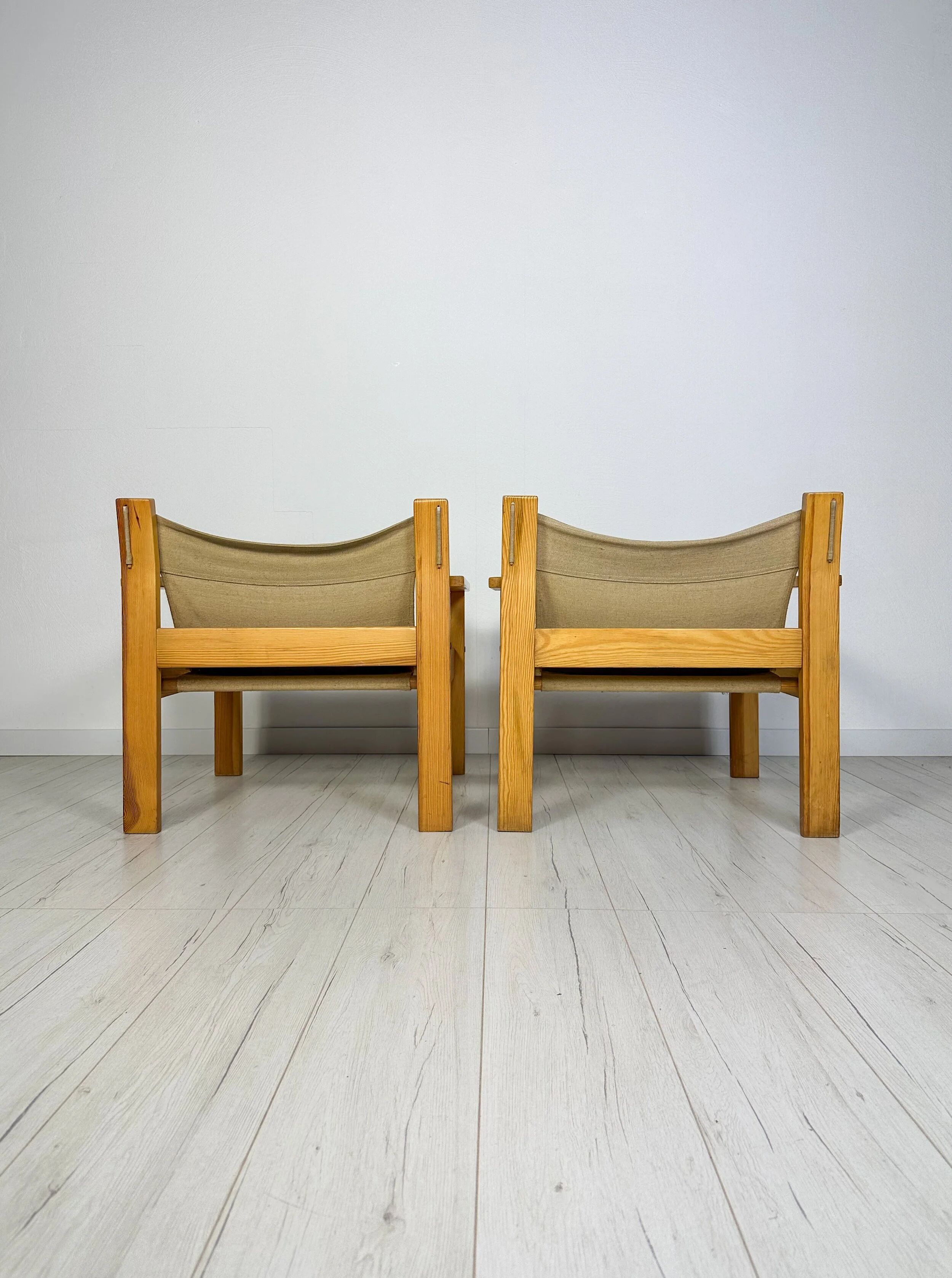 '70s set of 2 pine & canvas lounge chairs by Erik Wørts for IKEA