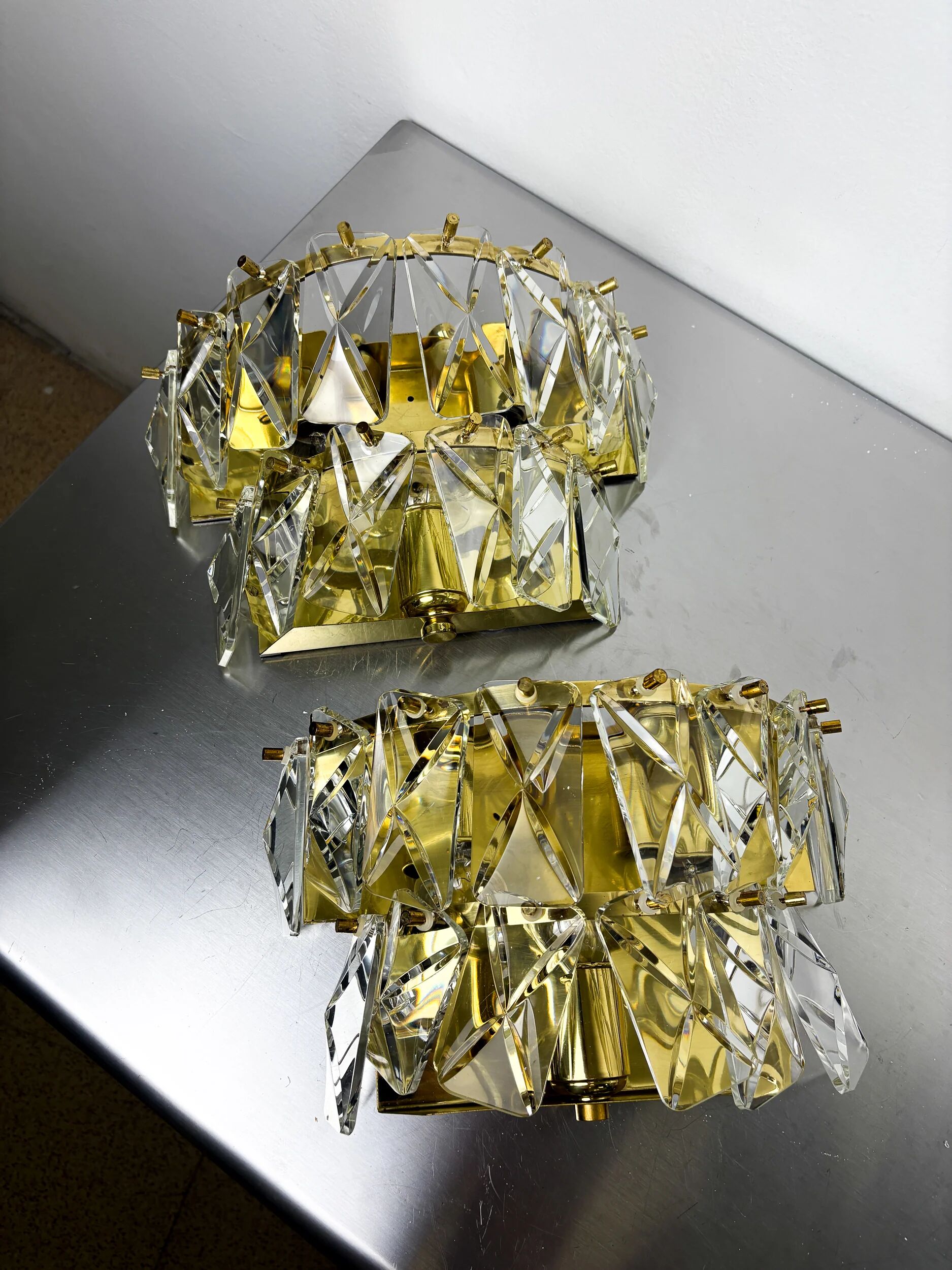 Pair of Kinkeldey 2-tier cut crystal wall sconces, gilt brass, Germany, 1970s