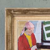 « Window Seat » moderne du milieu du siècle, peinture à l’huile intérieure figurative suédoise, encadrée