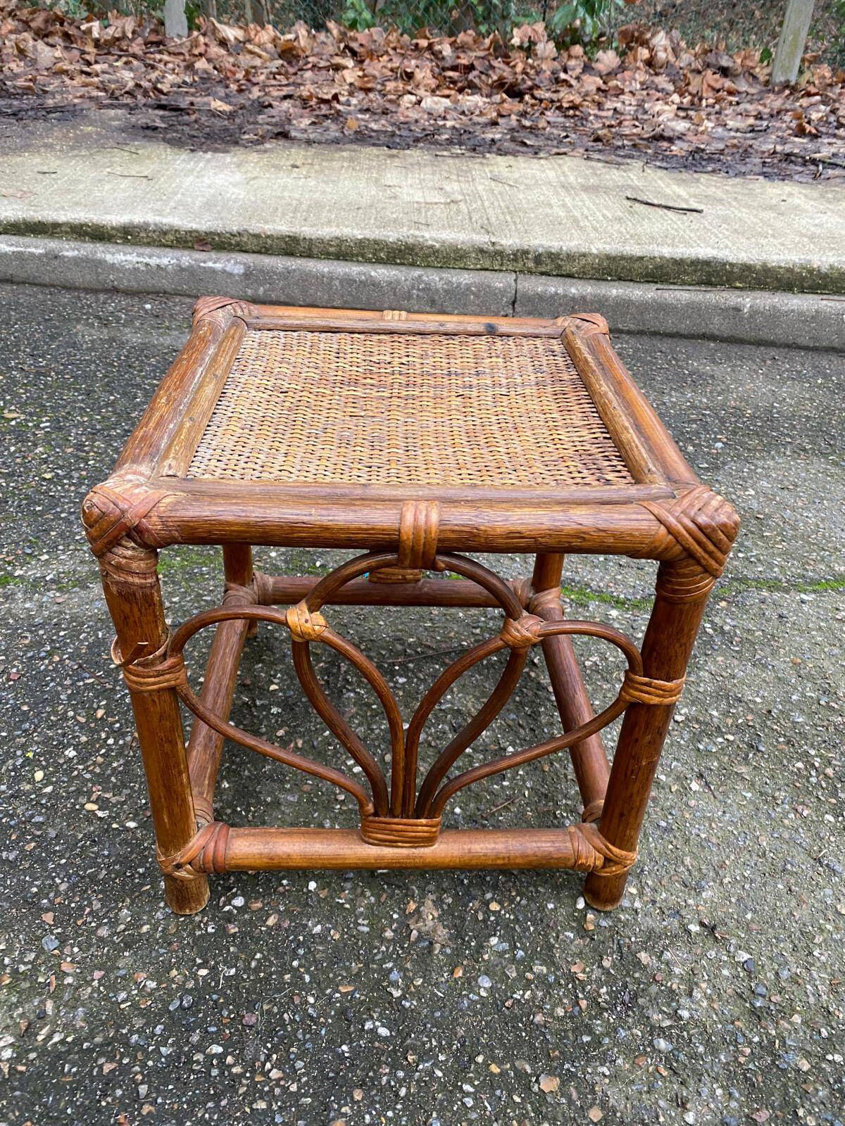 Vintage square stool in bamboo, rattan, and wicker.